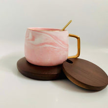 Load image into Gallery viewer, Sip In Style: Porcelain Marble Style Mug With Deep Bamboo Lid And Saucer