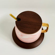 Load image into Gallery viewer, Sip In Style: Porcelain Marble Style Mug With Deep Bamboo Lid And Saucer