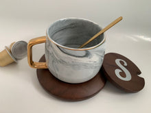 Load image into Gallery viewer, Sip In Style: Porcelain Marble Style Mug With Deep Bamboo Lid And Saucer